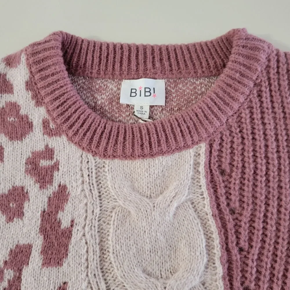 BiBi Denim Sleeve Leopard Sweater Rose Creme Black - Picture 10 of 16